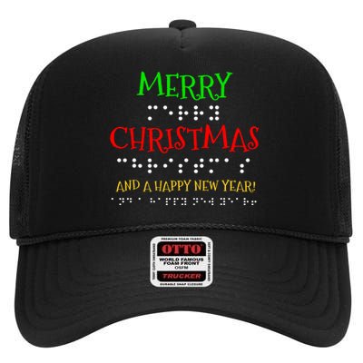 Merry Christmas And A Happy New Year Braille Dots High Crown Mesh Back Trucker Hat