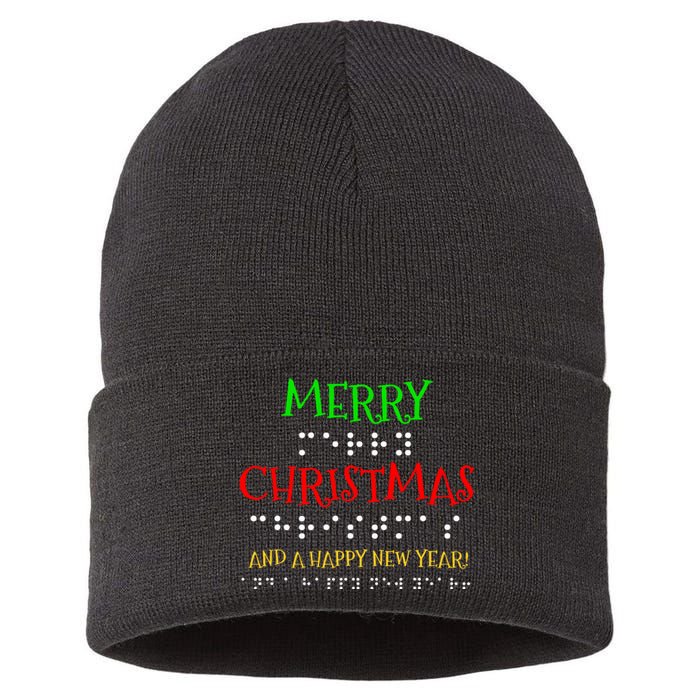 Merry Christmas And A Happy New Year Braille Dots Sustainable Knit Beanie