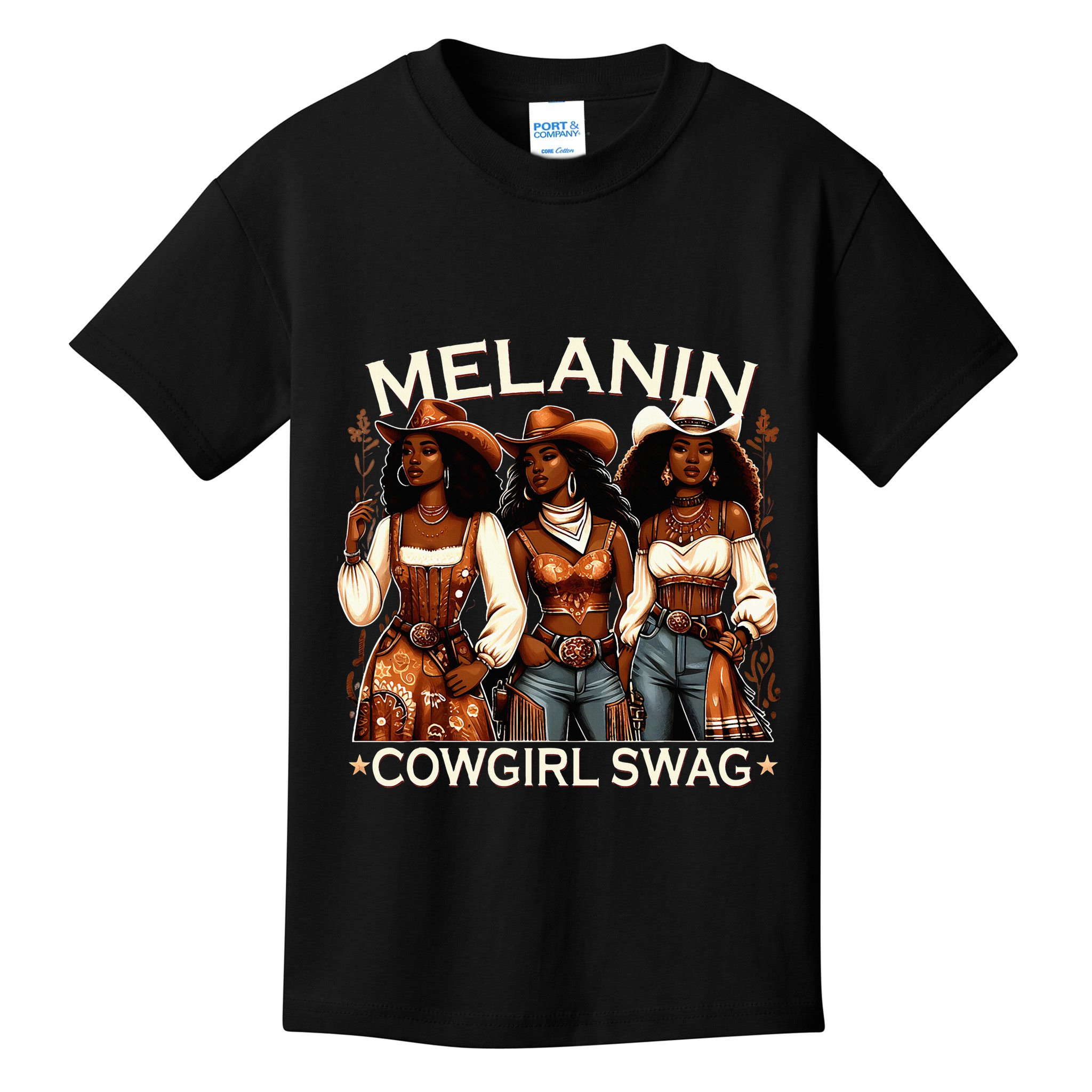 Melanin Cow African Melanin Cowgirl Swag Black History Kids T-Shirt