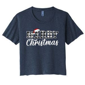 Merry Christmas Buffalo Black And White Plaid For Women's Crop Top Tee