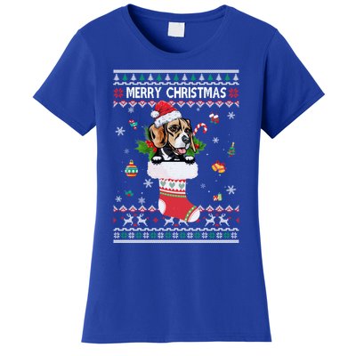 Merry Christmas Beagle In Sock Dog Funny Ugly Xmas Cool Gift Women's T-Shirt