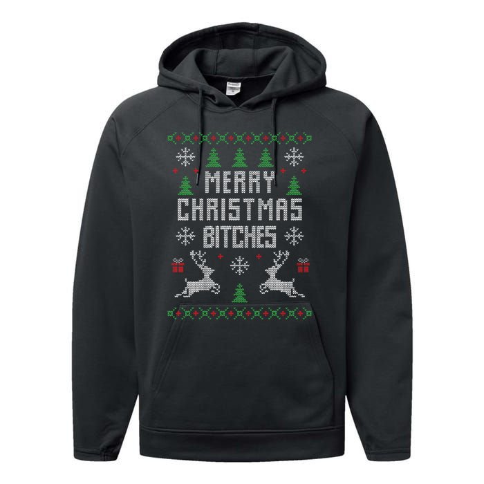 Merry Christmas Bitches Funny Reindeer Ugly Christmas Funny Performance Fleece Hoodie