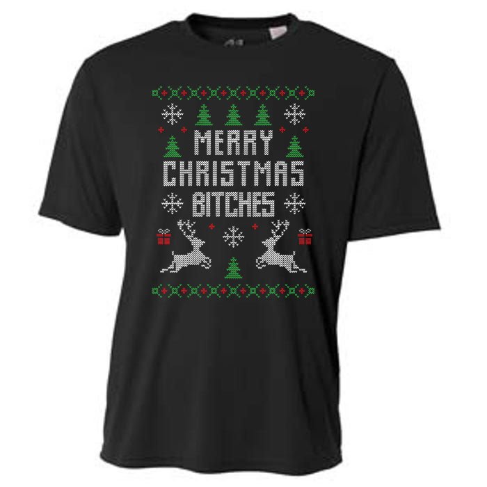 Merry Christmas Bitches Funny Reindeer Ugly Christmas Funny Cooling Performance Crew T-Shirt