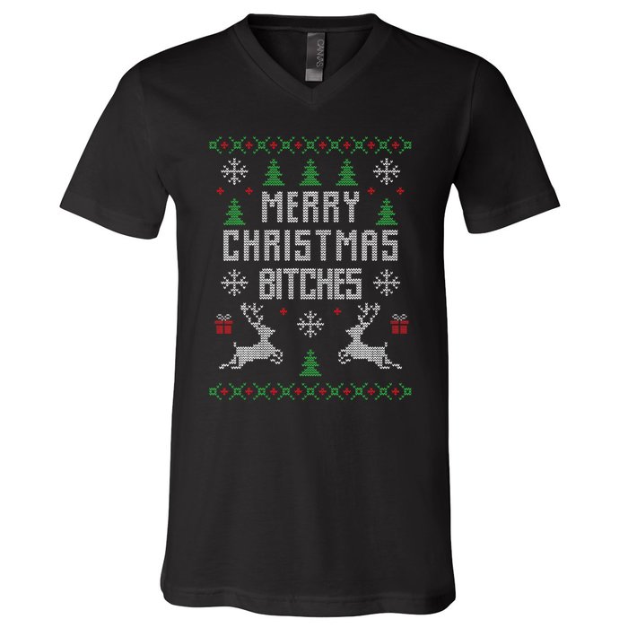 Merry Christmas Bitches Funny Reindeer Ugly Christmas Funny V-Neck T-Shirt