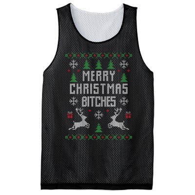 Merry Christmas Bitches Funny Reindeer Ugly Christmas Funny Mesh Reversible Basketball Jersey Tank