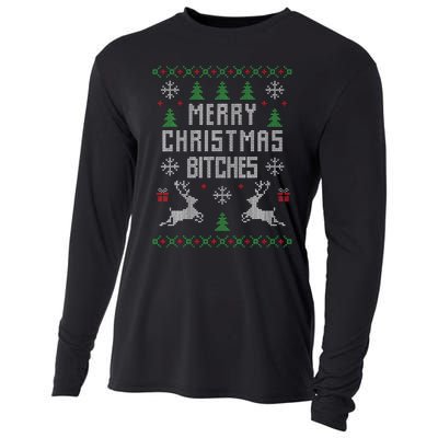 Merry Christmas Bitches Funny Reindeer Ugly Christmas Funny Cooling Performance Long Sleeve Crew