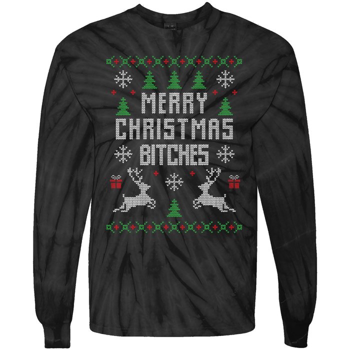 Merry Christmas Bitches Funny Reindeer Ugly Christmas Funny Tie-Dye Long Sleeve Shirt