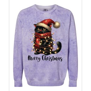 Merry Christmas Black Cat Santa Hat Xmas Tree Light Colorblast Crewneck Sweatshirt