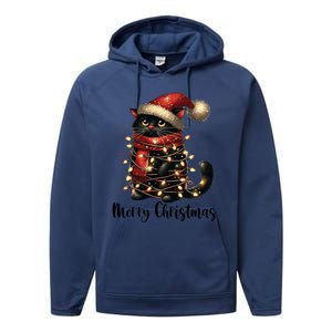 Merry Christmas Black Cat Santa Hat Xmas Tree Light Performance Fleece Hoodie