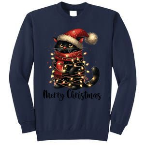 Merry Christmas Black Cat Santa Hat Xmas Tree Light Tall Sweatshirt