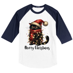 Merry Christmas Black Cat Santa Hat Xmas Tree Light Baseball Sleeve Shirt