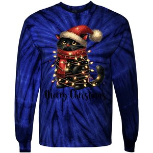 Merry Christmas Black Cat Santa Hat Xmas Tree Light Tie-Dye Long Sleeve Shirt