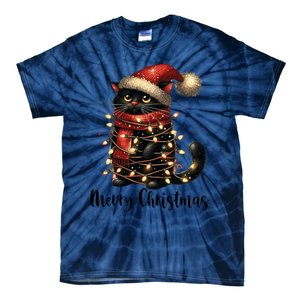 Merry Christmas Black Cat Santa Hat Xmas Tree Light Tie-Dye T-Shirt