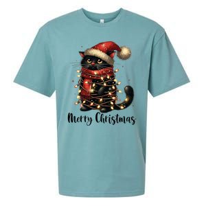 Merry Christmas Black Cat Santa Hat Xmas Tree Light Sueded Cloud Jersey T-Shirt