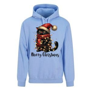 Merry Christmas Black Cat Santa Hat Xmas Tree Light Unisex Surf Hoodie