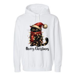 Merry Christmas Black Cat Santa Hat Xmas Tree Light Garment-Dyed Fleece Hoodie