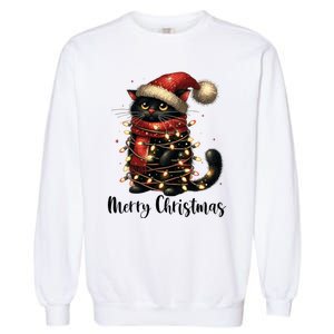 Merry Christmas Black Cat Santa Hat Xmas Tree Light Garment-Dyed Sweatshirt