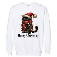 Merry Christmas Black Cat Santa Hat Xmas Tree Light Garment-Dyed Sweatshirt