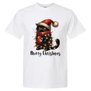 Merry Christmas Black Cat Santa Hat Xmas Tree Light Garment-Dyed Heavyweight T-Shirt