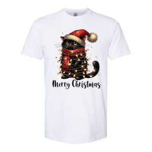 Merry Christmas Black Cat Santa Hat Xmas Tree Light Softstyle CVC T-Shirt