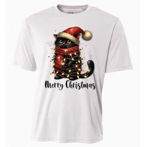 Merry Christmas Black Cat Santa Hat Xmas Tree Light Cooling Performance Crew T-Shirt