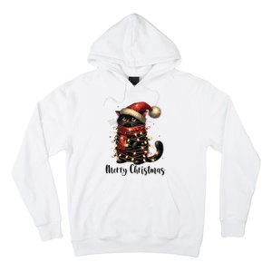 Merry Christmas Black Cat Santa Hat Xmas Tree Light Hoodie