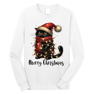 Merry Christmas Black Cat Santa Hat Xmas Tree Light Long Sleeve Shirt