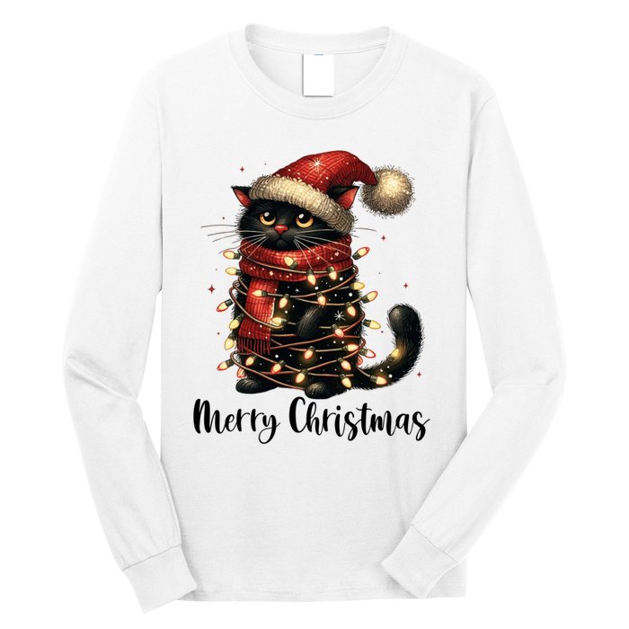 Merry Christmas Black Cat Santa Hat Xmas Tree Light Long Sleeve Shirt