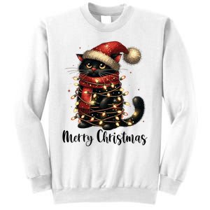 Merry Christmas Black Cat Santa Hat Xmas Tree Light Sweatshirt