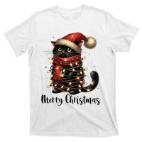 Merry Christmas Black Cat Santa Hat Xmas Tree Light T-Shirt