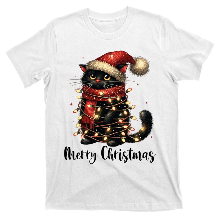 Merry Christmas Black Cat Santa Hat Xmas Tree Light T-Shirt