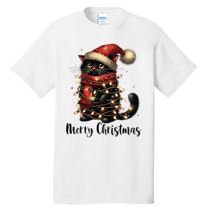 Merry Christmas Black Cat Santa Hat Xmas Tree Light Tall T-Shirt