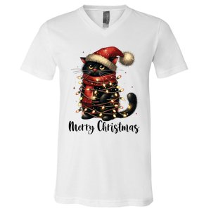 Merry Christmas Black Cat Santa Hat Xmas Tree Light V-Neck T-Shirt