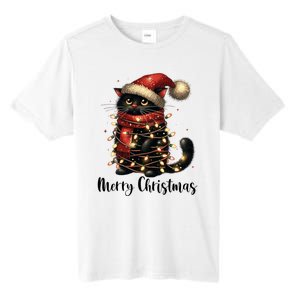 Merry Christmas Black Cat Santa Hat Xmas Tree Light Tall Fusion ChromaSoft Performance T-Shirt