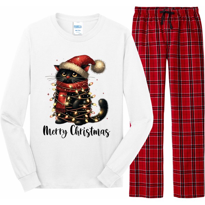 Merry Christmas Black Cat Santa Hat Xmas Tree Light Long Sleeve Pajama Set