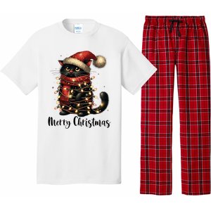 Merry Christmas Black Cat Santa Hat Xmas Tree Light Pajama Set