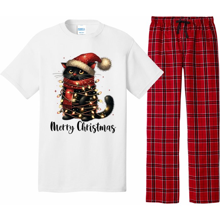 Merry Christmas Black Cat Santa Hat Xmas Tree Light Pajama Set