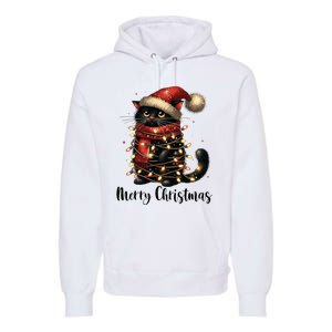 Merry Christmas Black Cat Santa Hat Xmas Tree Light Premium Hoodie