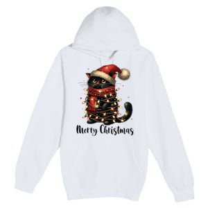 Merry Christmas Black Cat Santa Hat Xmas Tree Light Premium Pullover Hoodie