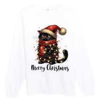 Merry Christmas Black Cat Santa Hat Xmas Tree Light Premium Crewneck Sweatshirt