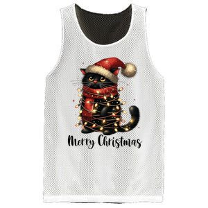 Merry Christmas Black Cat Santa Hat Xmas Tree Light Mesh Reversible Basketball Jersey Tank