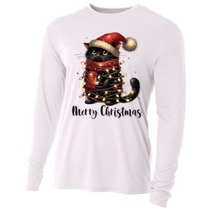 Merry Christmas Black Cat Santa Hat Xmas Tree Light Cooling Performance Long Sleeve Crew