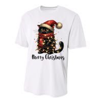 Merry Christmas Black Cat Santa Hat Xmas Tree Light Performance Sprint T-Shirt