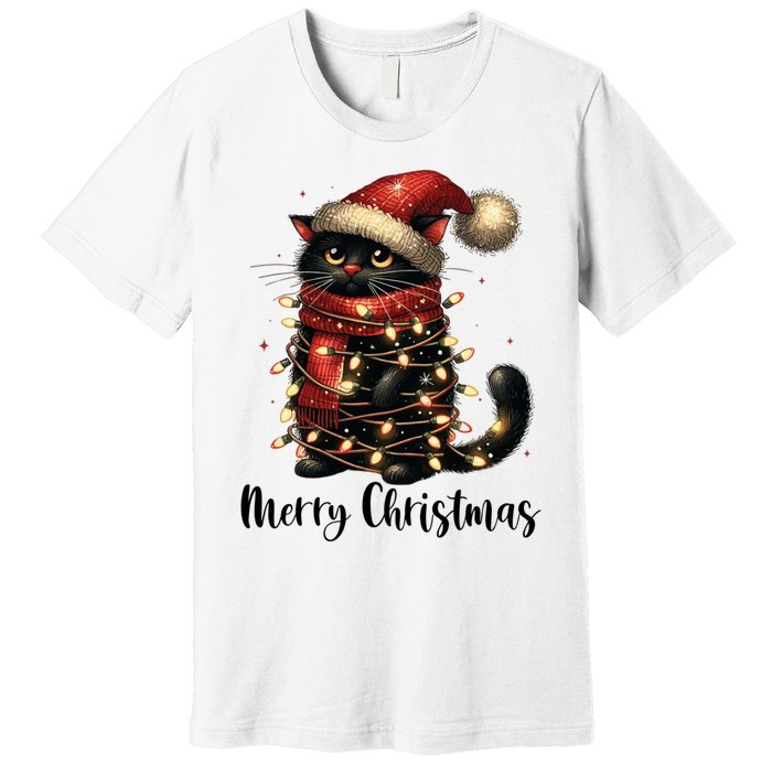 Merry Christmas Black Cat Santa Hat Xmas Tree Light Premium T-Shirt