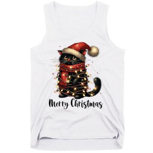 Merry Christmas Black Cat Santa Hat Xmas Tree Light Tank Top