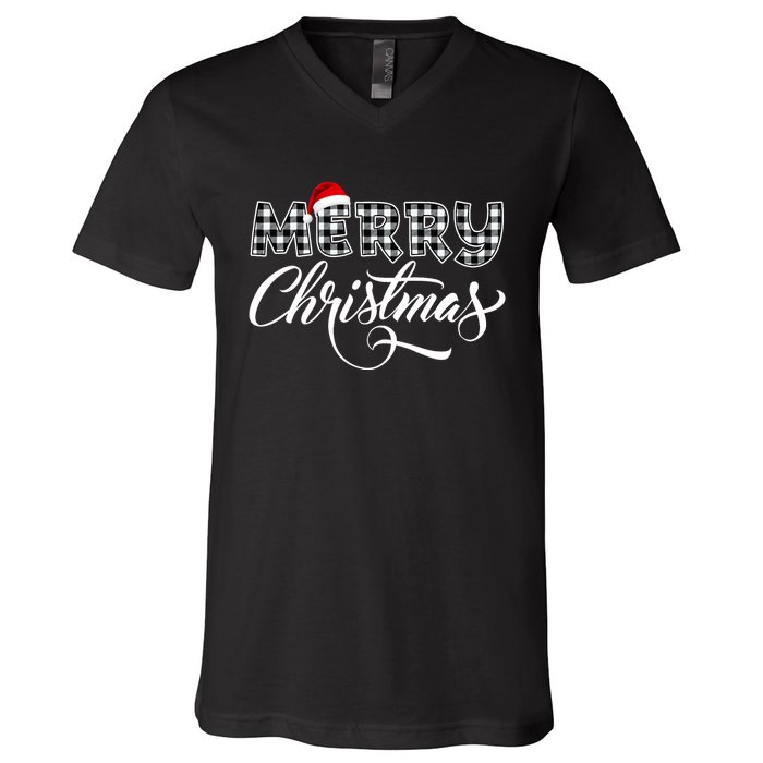 Merry Christmas Buffalo Black And White Plaid V-Neck T-Shirt