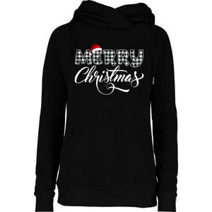 Merry Christmas Buffalo Black And White Plaid Womens Funnel Neck Pullover Hood