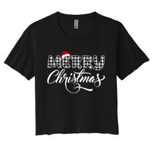 Merry Christmas Buffalo Black And White Plaid Women's Crop Top Tee