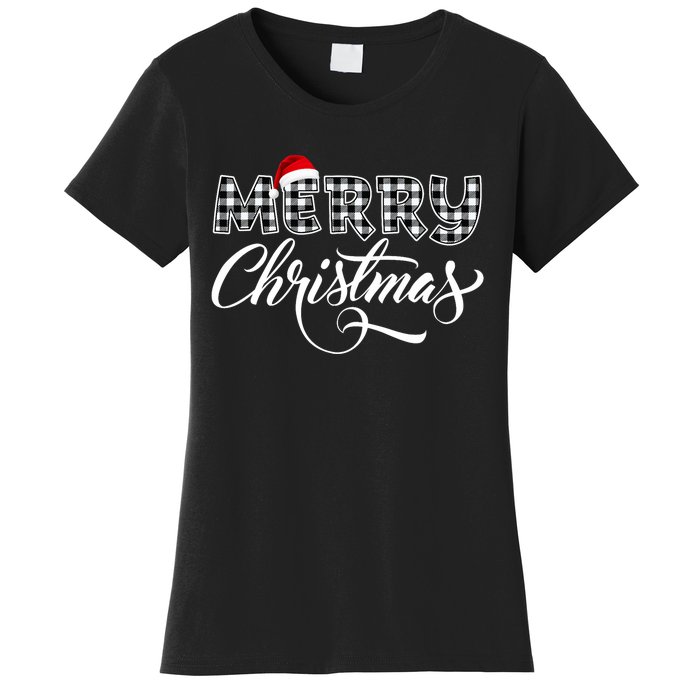 Merry Christmas Buffalo Black And White Plaid Women's T-Shirt