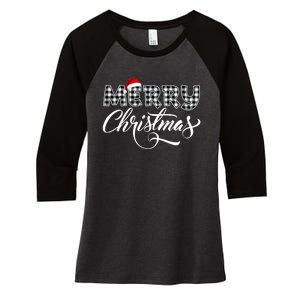 Merry Christmas Buffalo Black And White Plaid Women's Tri-Blend 3/4-Sleeve Raglan Shirt